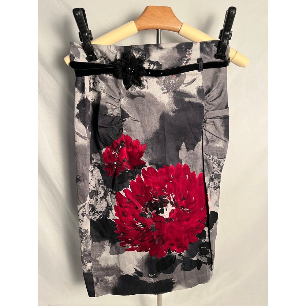 Bisou Bisou Floral Pencil Skirt Women’s 4 Belted Red Gray